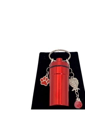 Pet Cremation Urn Red Stainless Steel Memorial Keepsake Cylinder Keychain